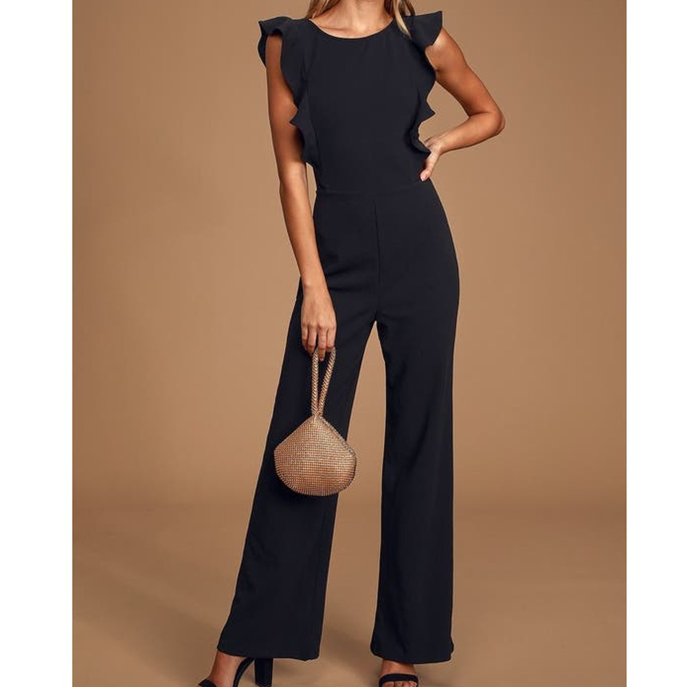 LULU'S SZ M Black Feel Your Love Round Neck Ruffled Wide-Leg Jumpsuit b36